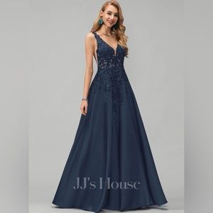 JJ’s House:A-line Floor-length Lace Tulle Evening Dress with Beading Sequins